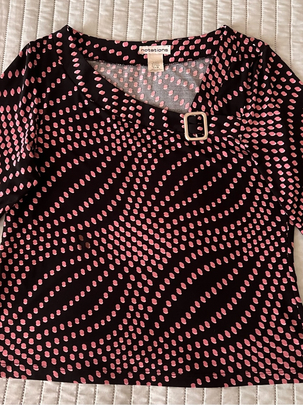 Notations Black Top with Pink Dot-Print and Buckle Neck